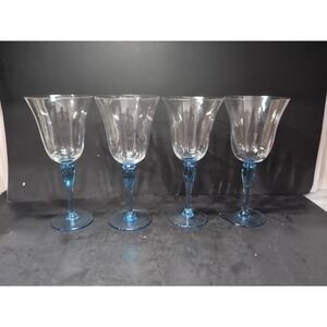 Block Hand-blown Blue Melody Water Goblets 9.25" Tall, Set of 4, Optic Glassware